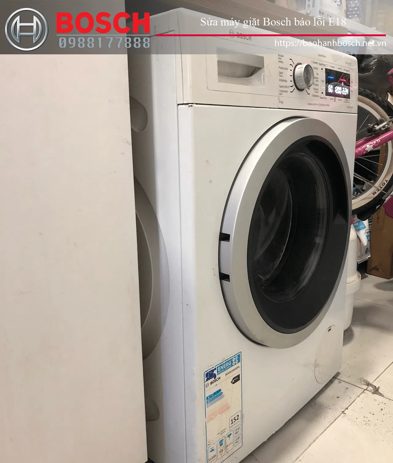 Sửa máy giặt Bosch báo lỗi E18 kiểm tra hệ thống cấp nước. Dịch vụ bảo hành, sửa chữa máy giặt Bosch chính hãng tại cửa hàng chuyên nghiệp.