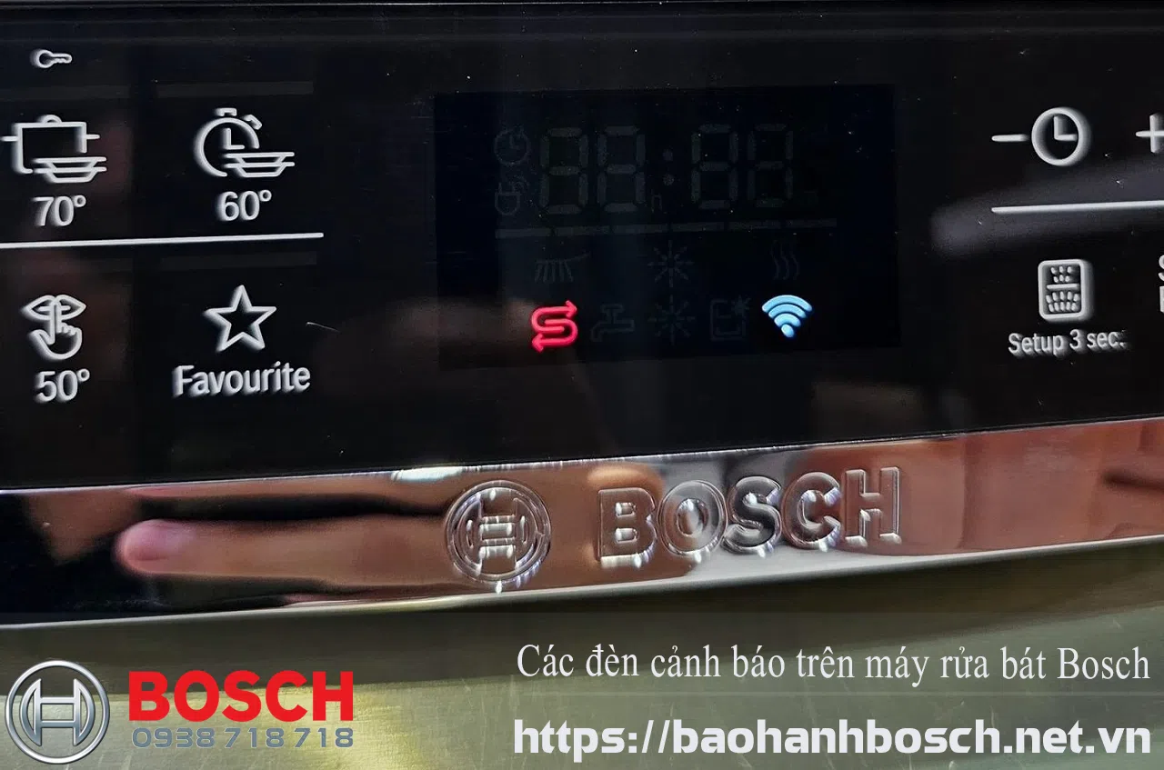 Đèn cảnh báo trên máy rửa bát Bosch báo lỗi và cảnh báo an toàn về các vấn đề của thiết bị.