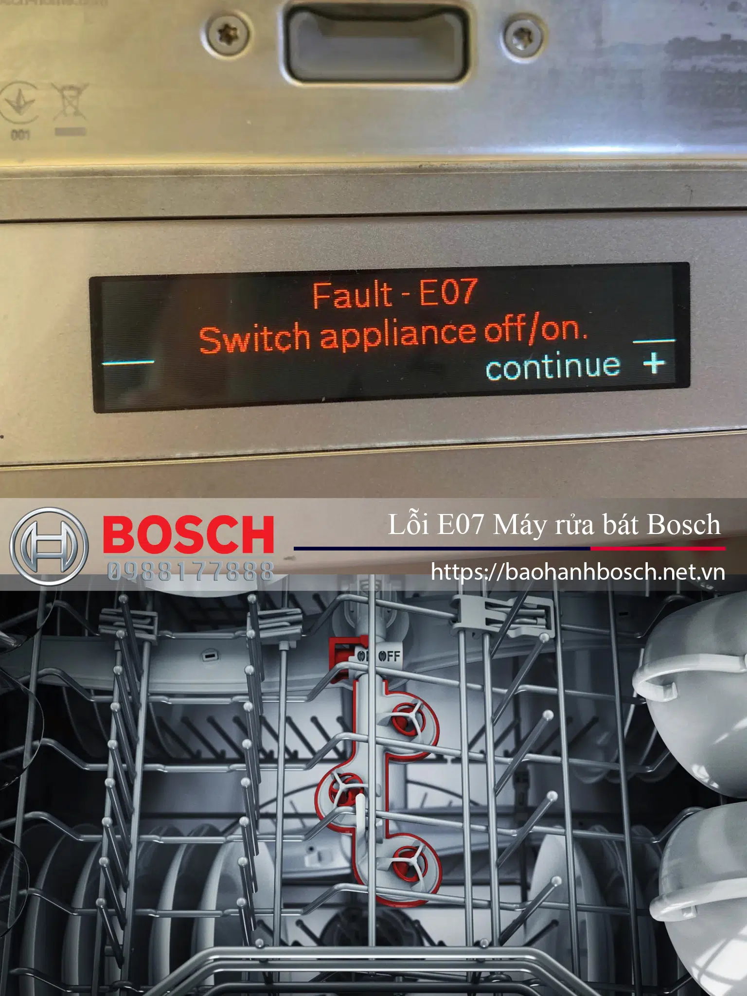 Lỗi E07 máy rửa bát Bosch hiển thị trên bảng điều khiển, cần kiểm tra và sửa chữa để khắc phục sự cố cho thiết bị của bạn.